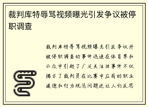 裁判库特辱骂视频曝光引发争议被停职调查 裁判库特辱骂视频曝光引发争议被停职调查